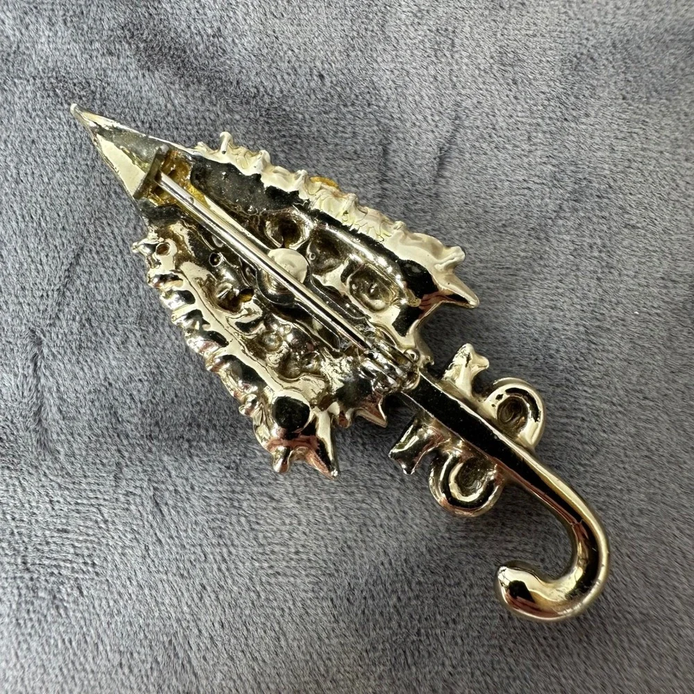 Vintage Umbrella Brooch Gold Tone Rhinestone Red Enamel Bow Parasol Pin Spring‎